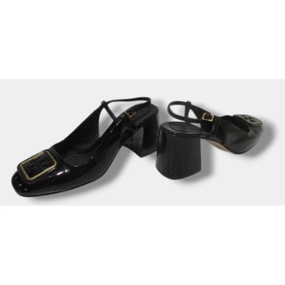 Tory Burch Slingback Pumps Womens 6M‎ Black Good Patent Leather Block Heel Logo